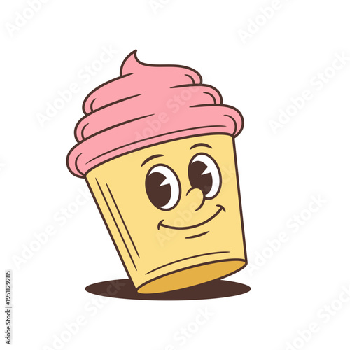 Smiling cartoon cupcake character mascot vector illustration. Contented dessert with a friendly smile. Retro comic food personage for bakery or sweet shop branding. Isolated sticker design element