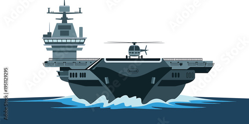 Naval military aircraft carrier warship graphic illustration sailing on deep blue ocean waves