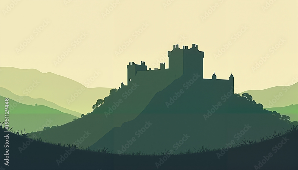 Obraz premium Silhouetted Medieval Castle Perched on a Hill Against Layered Green Hills and a Soft Golden Sky — Legacy, Endurance & the Symbol of Timeless Strength, Historical Roots, and the Quiet Majesty of Place 
