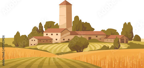 Scenic rural countryside landscape illustration with a tall stone tower, houses and farm fields