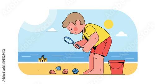 Young boy with magnifying glass examines seashells on a beach with a sandcastle