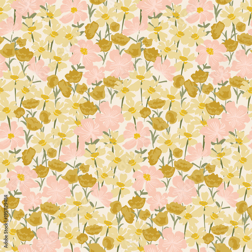 Hand painted flowers and leaves forming a maximalist floral garden design in colors of pink, green and yellow on off white background. Botanical seamless vector pattern. Great for home decor, fabric.