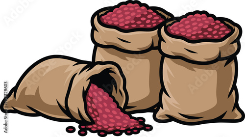 Vector illustration of three rustic burlap sacks, two upright and full, one tipped and spilling