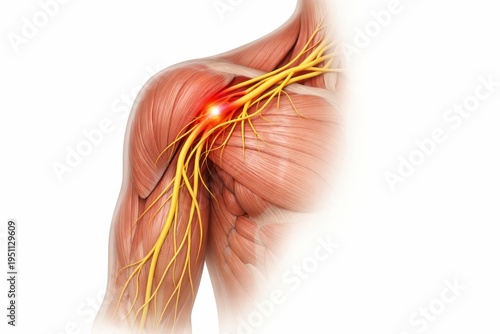 Anatomical visualization brachial neuralgia shoulder neck nerve plexus compression inside ghostly human torso representing acute severe shooting arm pain pathological within clinical medical science