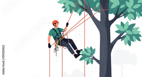 Flat illustration of a person rappelling down a tree with ropes and safety gear