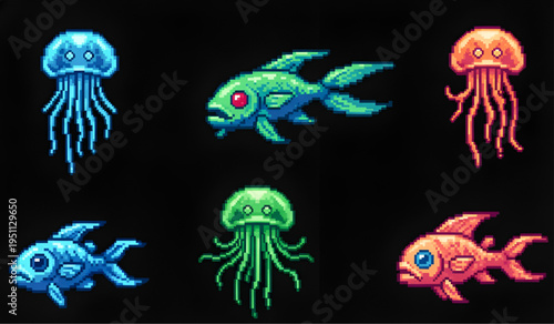 Bioluminescent Sea Creatures Jellyfish and Fish Pixel Art