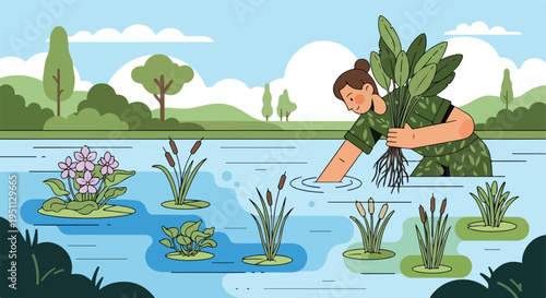 Woman collecting aquatic plants from a serene lake with lush greenery