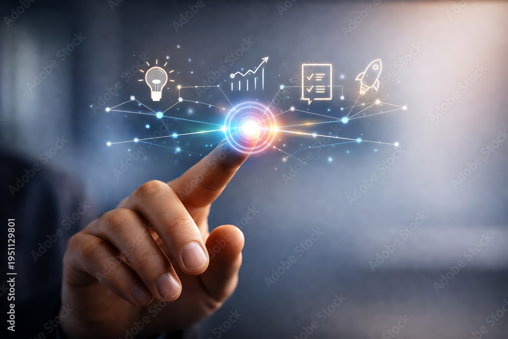 Obraz premium Businessman touching digital interface with business icons