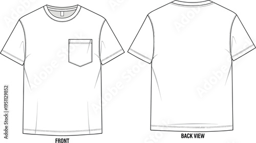 Men basic t shirt technical fashion flat sketch, front and back view, short sleeve crew neck pocket tee, apparel design vector illustration template