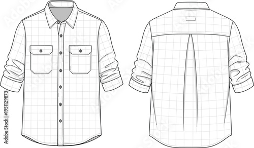 Men long sleeve button down shirt technical fashion flat sketch, front and back view, chest pocket casual woven shirt, apparel design vector illustration template