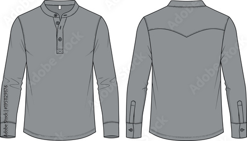 Men long sleeve henley shirt technical fashion flat sketch, front and back view, button placket casual top, apparel design vector illustration template