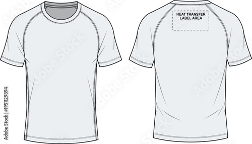 Men raglan sleeve t shirt technical fashion flat sketch, front and back view, crew neck athletic tee, activewear apparel design vector illustration template