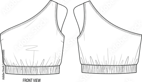 Women one shoulder crop top technical fashion flat sketch, front and back view, asymmetric neckline sleeveless blouse, activewear apparel vector illustration template