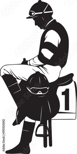 Jockey vector silhouette illustration sitting with saddle and number one for horse racing