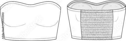 Women strapless bandeau top technical fashion flat sketch, front and back view, sweetheart neckline cropped tube blouse, apparel design vector illustration template