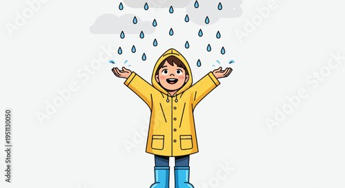 A joyful child in a yellow raincoat and blue boots catches rain
