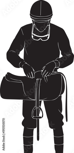 Jockey with saddle silhouette line art vector illustration