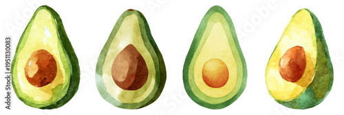 Avocado halves displaying healthy organic superfood nutrition, creating a vibrant watercolor illustration for fresh produce, diet, and vegan lifestyle concepts