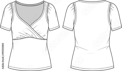 Women wrap top technical fashion flat sketch, front and back view, short sleeve surplice neckline blouse, apparel design vector illustration, garment template