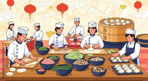 Chefs prepare dumplings with steam rising from bamboo steamers