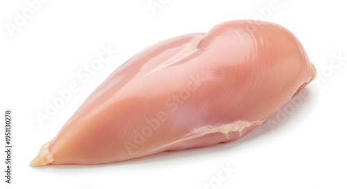 Fresh raw chicken breast fillet isolated on a white background showing smooth pink skin texture and natural muscle shape for cooking preparation