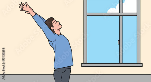 A person stretches their arms up towards the sky next to a window