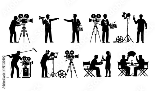 Filmmaker silhouette collection with vintage cameras and crew roles clean vector set