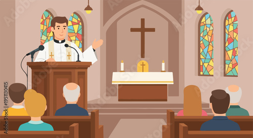 A priest delivers a sermon to a congregation in a church with stained glass windows