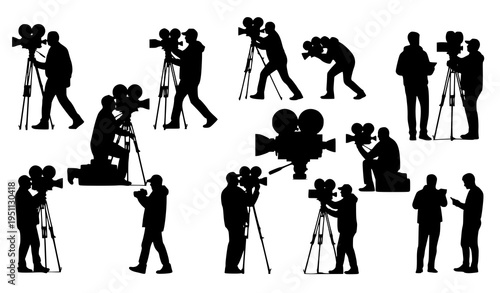 Dynamic filmmaker silhouettes with vintage movie cameras in action cinematic vector illustration