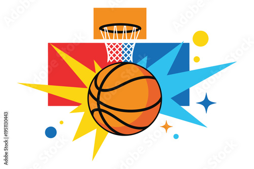 Orange basketball positioned in front of a hoop and net, surrounded by colorful abstract shapes like lightning bolts and stars on a black background, dynamic sports illustration