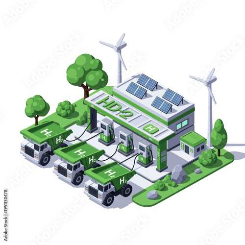 Isometric hydrogen fueling station with solar panels and wind turbines, refueling heavy-duty trucks, representing green energy and sustainable transport infrastructure.