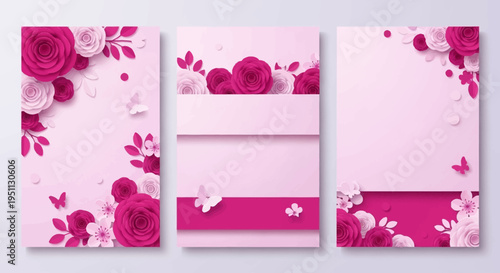 Set of Three Pink Paper Cut Floral Backgrounds with Roses and Butterflies; Elegant Vertical Banners for Mother's Day, Valentine's Day, and Wedding Invitations
