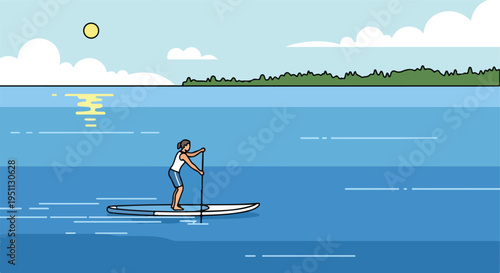 Person paddleboarding on calm blue water under a sunny sky with distant trees