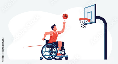 A person in a wheelchair plays basketball, reaching up towards the hoop