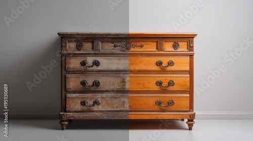 A split view showing the transformation of an old weathered wooden chest of drawers into a polished and restored piece of furniture against a gray wall.