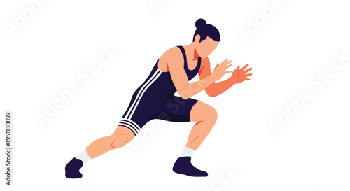 Stylized illustration of a person in athletic attire, in a crouched stance