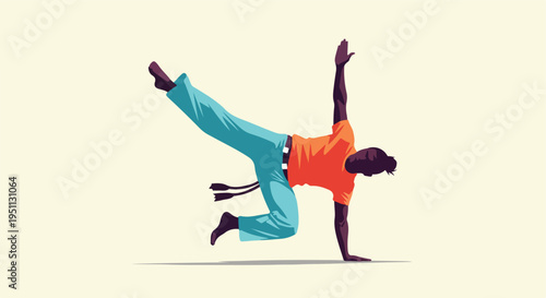 Dynamic flat illustration of a capoeira practitioner in mid-movement