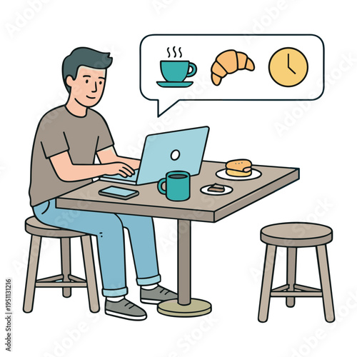 A man sits at a table working on his laptop with breakfast