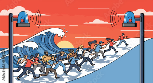 A group of people run uphill away from a massive wave under a red sky