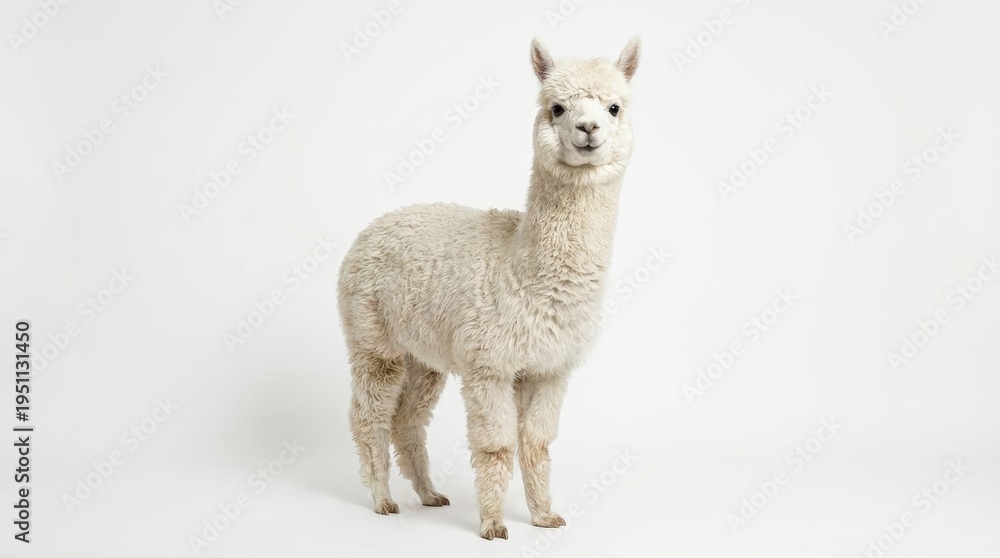 Fototapeta premium White alpaca standing alone indoors.