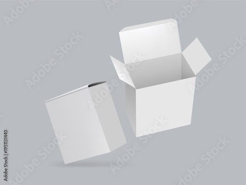 White blank paperboard packaging mockup of open and closed box. Vector illustration isolated on white background. Can be use for pharmacy food, cosmetic.