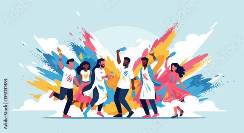 Festive people celebrating with vibrant paint explosions and colorful powder