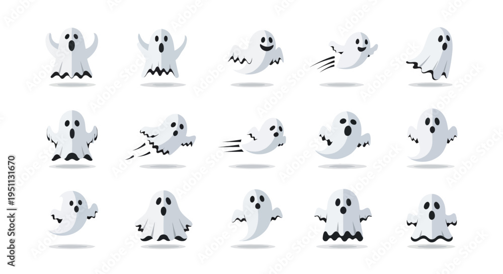 Naklejka premium Collection of various cute and friendly ghost icons in different playful poses and expressions, perfect for Halloween and spooky themes