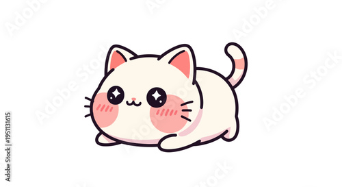 Adorable kawaii white kitten illustration with sparkling eyes and pink cheeks, a charming and cute cartoon pet graphic perfect for sweet designs