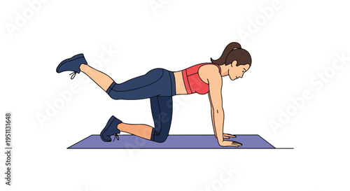 Woman on all fours on mat performs a donkey kick exercise, extending one leg upwards