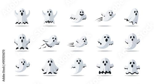 Collection of various cute and friendly ghost icons in different playful poses and expressions, perfect for Halloween and spooky themes