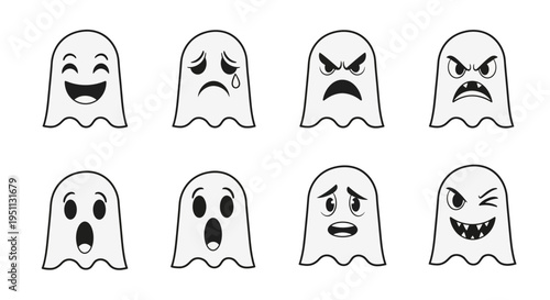 Set of cute ghost emoticons with various expressions, depicting emotions like happiness, sadness, anger, and surprise, rendered in a simple, modern cartoon style