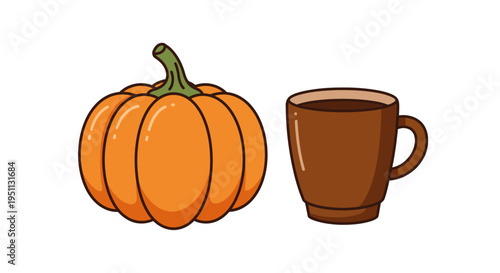 A vibrant pumpkin and a steaming cup of coffee, evoking the cozy atmosphere of autumn and harvest season