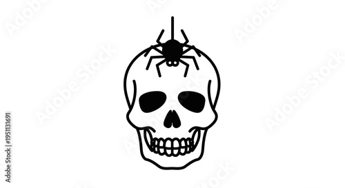 A spooky Halloween illustration featuring a black and white line drawing of a skull with a spider crawling on top, perfect for holiday themes