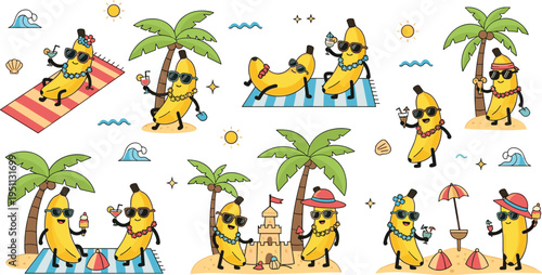 Cute banana summer vacation vector set with beach scenes, palm trees, cocktails, sunglasses and funny fruit mascots in playful cartoon illustration style